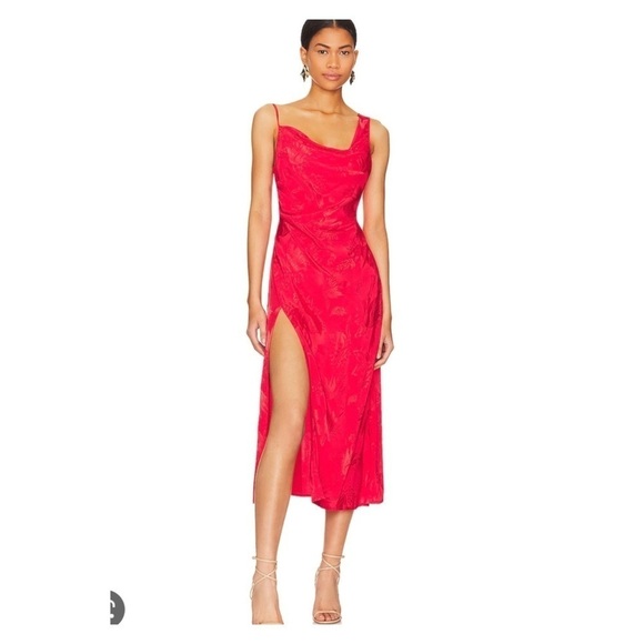 NWT FOR LOVE AND LEMONS Ilana Red Asymmetric High Slit Midi Dress Small - Picture 11 of 16
